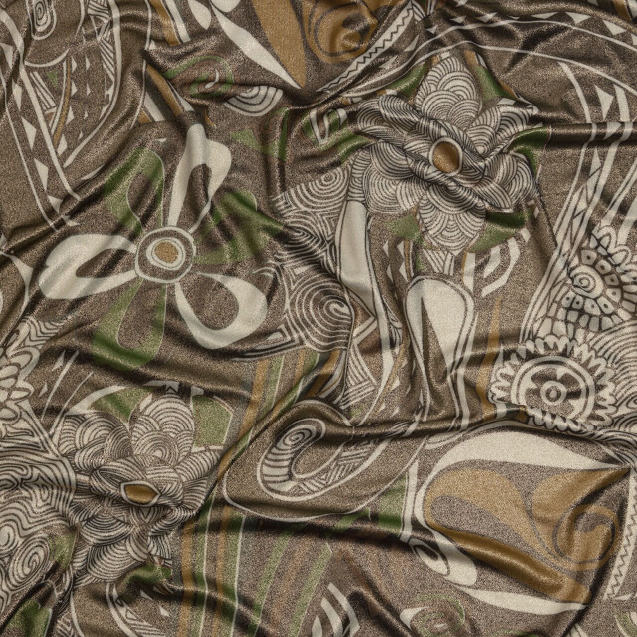 1 Yard Green Olive Black Retro Floral Silk Jersey with Gold Foil 44" Wide Stretch Designer Fabric